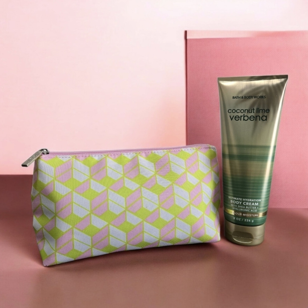 Bath & Body Works Coconut Lime Verbena Set with Pink and Green Geometric Pouch